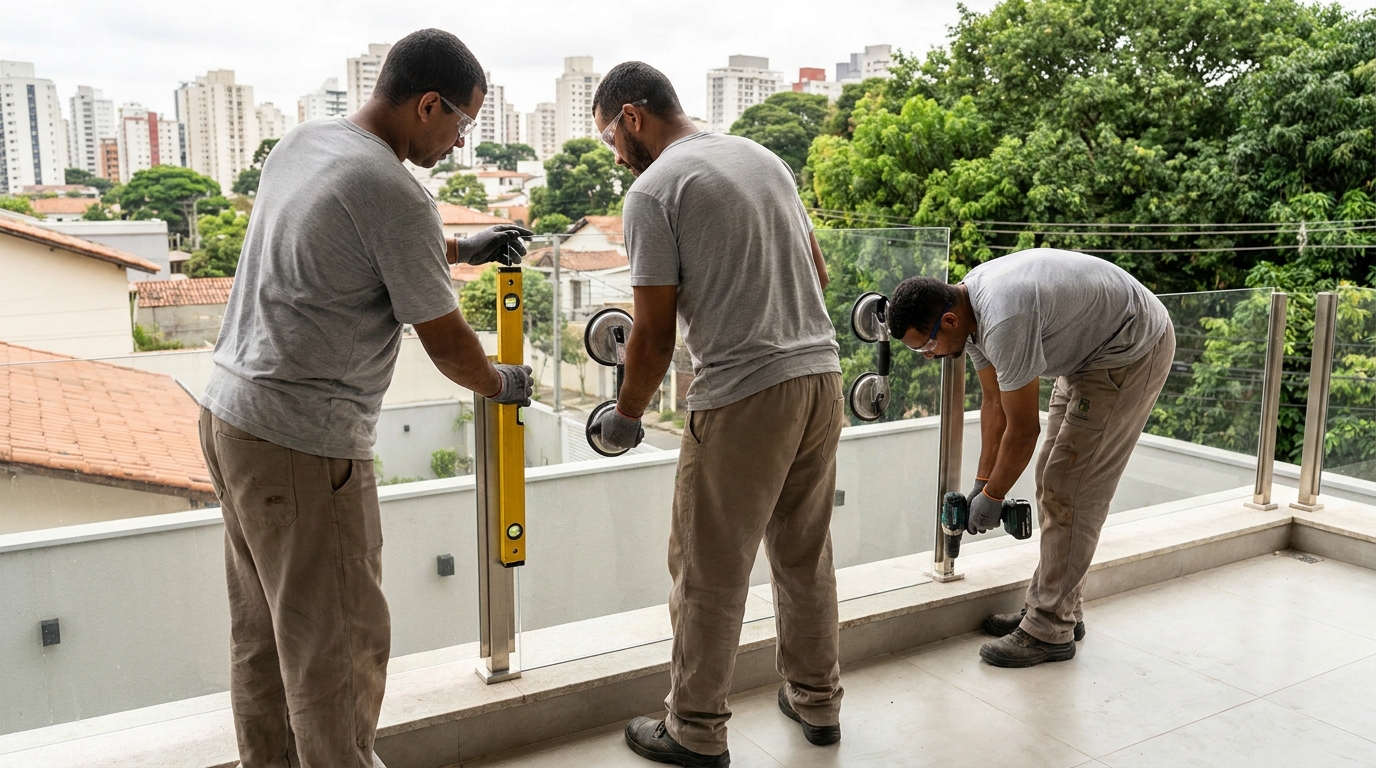 Guarda-corpo em terraço alto com vista cidade em Betim-MG